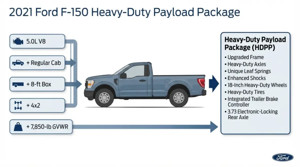 F-150 Payload 2021 Heavy-Duty Payload Package showing 3,325 lb Regular Cab 8-ft bed 5.0L V8 4x2 configuration