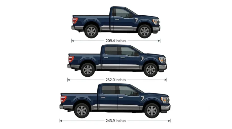 150 Length comparison showing three 2026–2027 Ford F-150 configurations measuring 209.4, 232.0, and 243.9 inches. Copy alt text