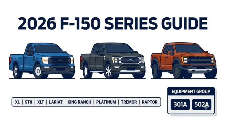 2026 F-150 series lineup infographic explaining eight series and equipment groups Copy alt text