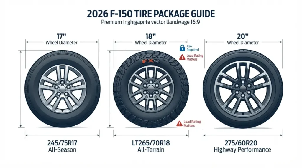 Comparison of standard, FX4 LT265/70R18, and 20-inch 2026 F-150 Tire Size packages