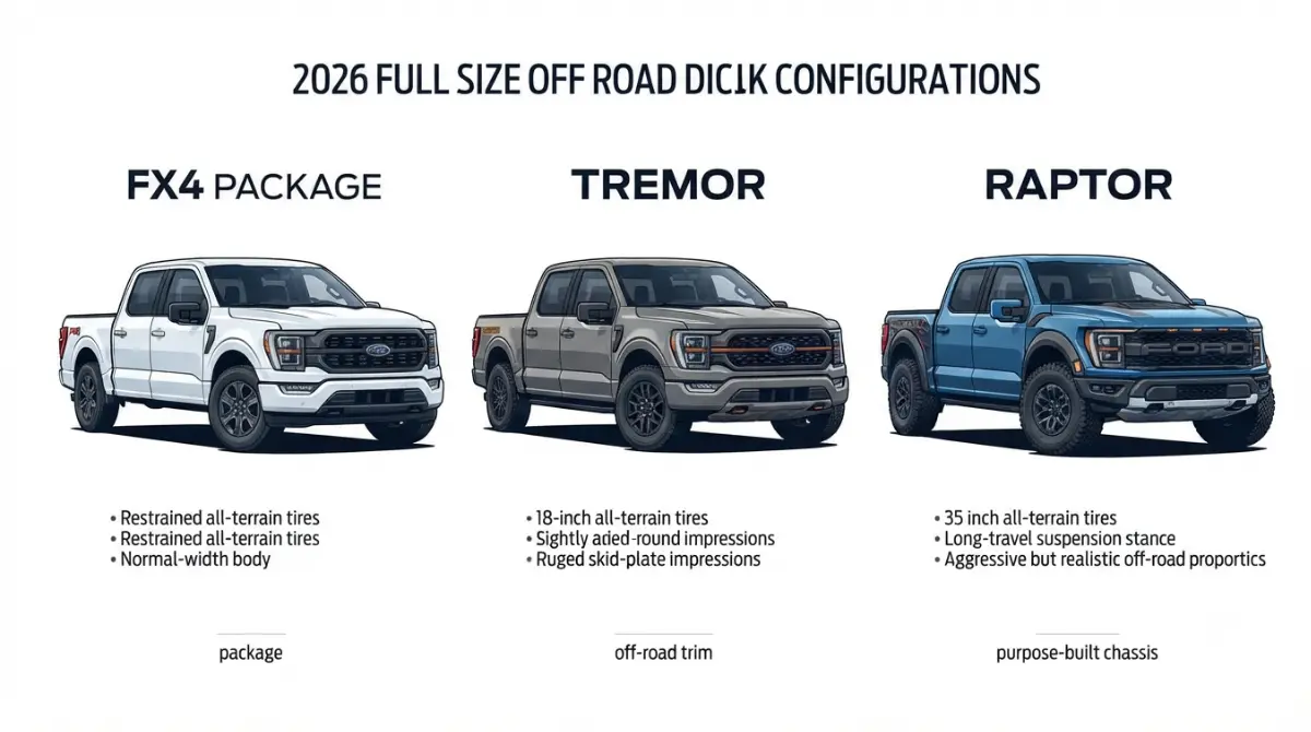 2026 Ford F-150 FX4 package, Tremor trim, and Raptor chassis compared
