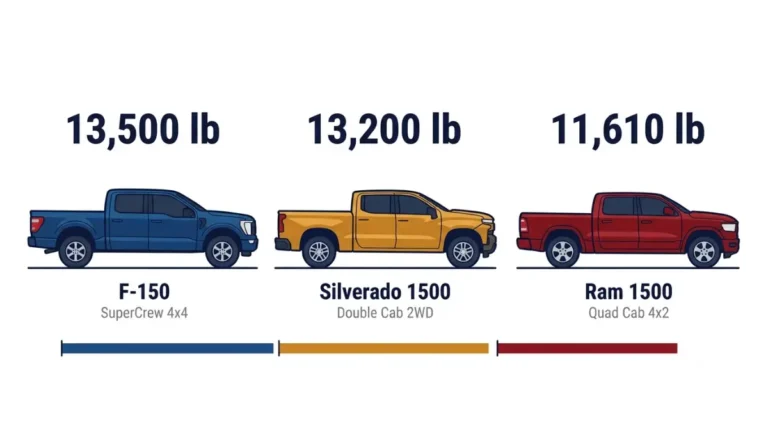 2026 Ford F-150, Chevrolet Silverado 1500 and Ram 1500 towing capacity compared by cab and drivetrain