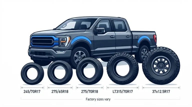 2026 F-150 Tire Size range shown from the 245/70R17 XL tire to the 37-inch Raptor tire