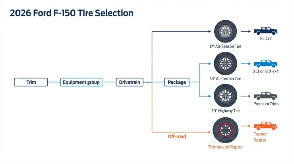 Diagram showing how 2026 F-150 trim, equipment group, drivetrain, and packages determine Tire Size
