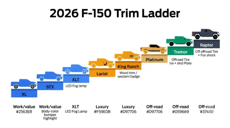 2026 Ford F-150 trim ladder showing all eight F-150 trims from XL to Raptor