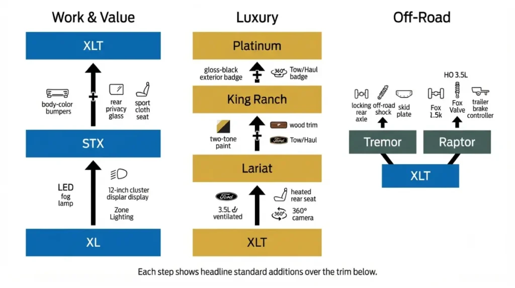 2026 F-150 trim step-up diagram showing what each F-150 trim adds over the one below
