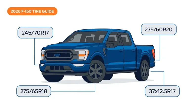 2026 F-150 Tire size guide showing factory tire sizes from 245/70R17 to 37x12.5R17 by trim and equipment group