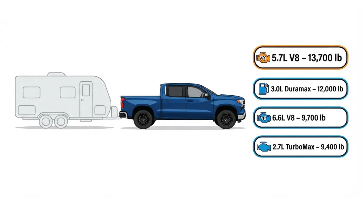 2027 Silverado 1500 towing capacity by engine: 5.7L V8 13,700 lb, Duramax 12,000 lb, 6.6L V8 9,700 lb, 2.7L TurboMax 9,400 lb