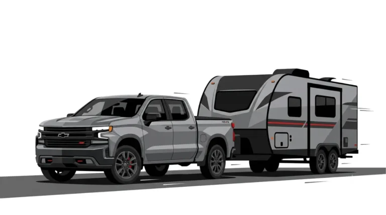 Silverado 1500 towing a travel trailer with a highlighted 13,700 lb maximum towing capacity for a specific 2027 configuration Copy alt text