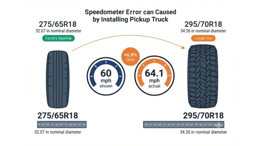 F-150 Tires comparison between 275/65R18 and 295/70R18 showing 60 mph indicated and 64.1 mph actual