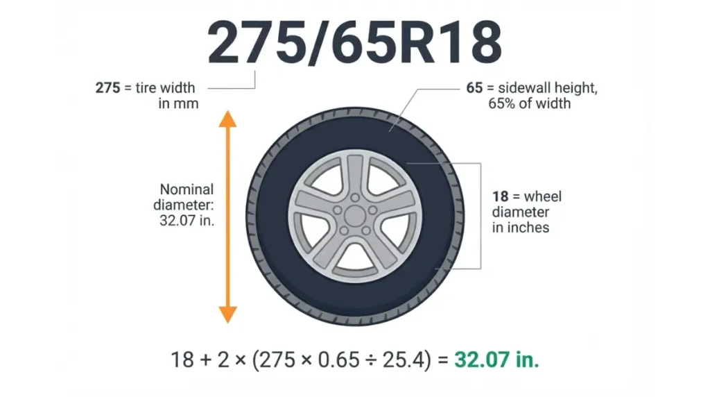 275/65R18 Tires vector diagram showing tire width sidewall ratio wheel diameter and nominal overall diameter