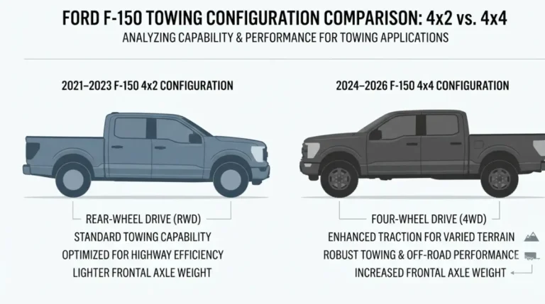 4x4 F-150 Tow More Than 4x2: F-150 towing rating comparison showing 14,000 lb 4x2 and 13,500 lb 4x4 configurations