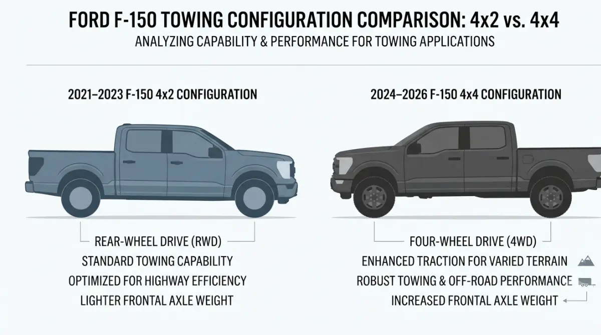 4x4 F-150 Tow More Than 4x2: F-150 towing rating comparison showing 14,000 lb 4x2 and 13,500 lb 4x4 configurations