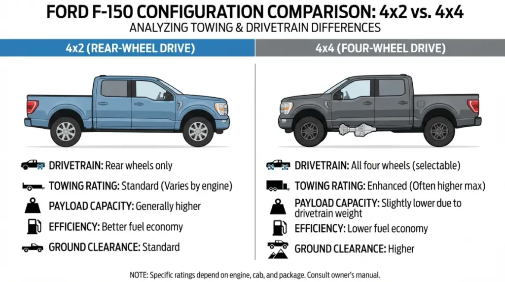 4x4 F-150 Tow More Than 4x2: fair F-150 towing comparison showing matching year, engine, axle, cab, wheelbase and package