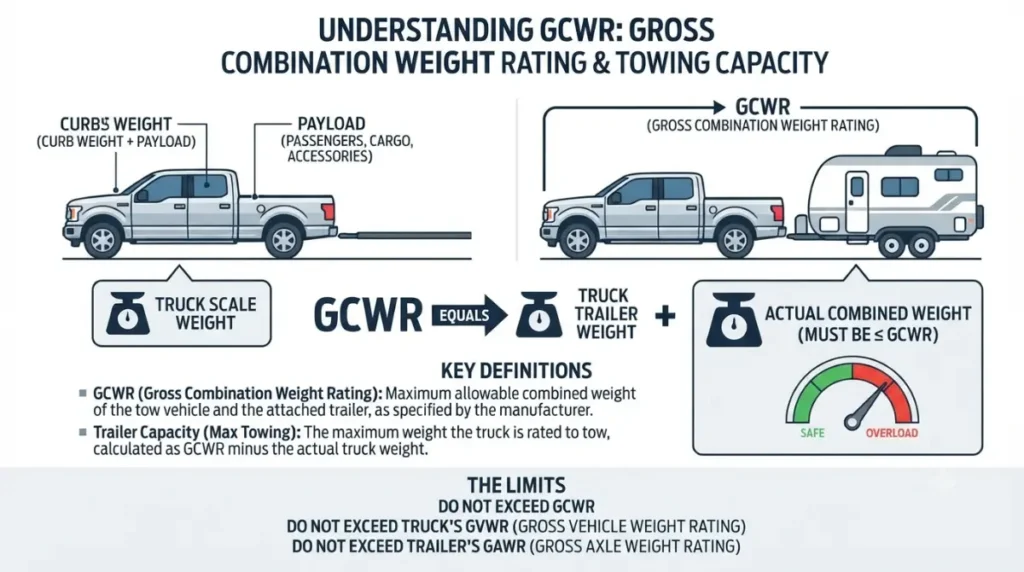 4x4 F-150 Tow More Than 4x2: GCWR illustration showing how truck weight affects remaining trailer capacity