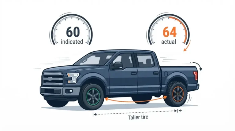 F-150 bigger Tires vector illustration showing taller tires causing 60 mph indicated speed to become 64 mph actual