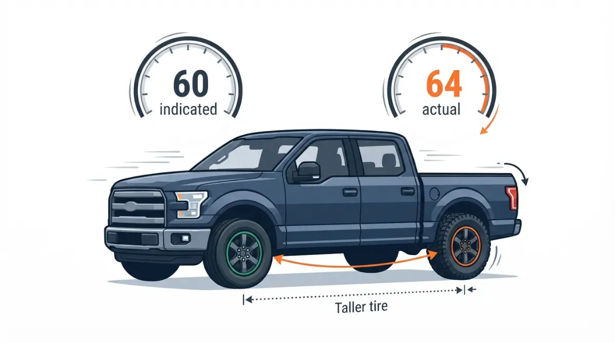 F-150 bigger Tires vector illustration showing taller tires causing 60 mph indicated speed to become 64 mph actual