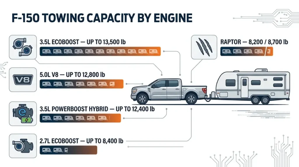 Exact F-150 Towing capacity by engine showing 2026 maximum ratings for EcoBoost, V8, PowerBoost, and Raptor