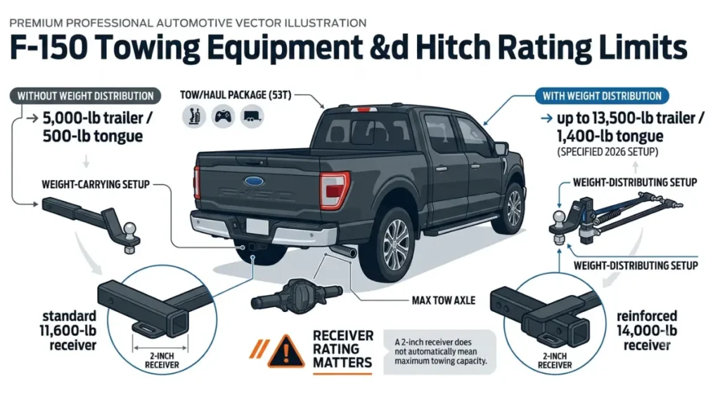 Exact F-150 Towing hitch receiver and tow equipment illustration showing receiver ratings and weight distribution