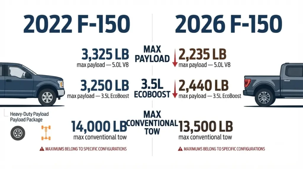 F-150 payload comparison between 2022 and 2026 maximum towing configurations