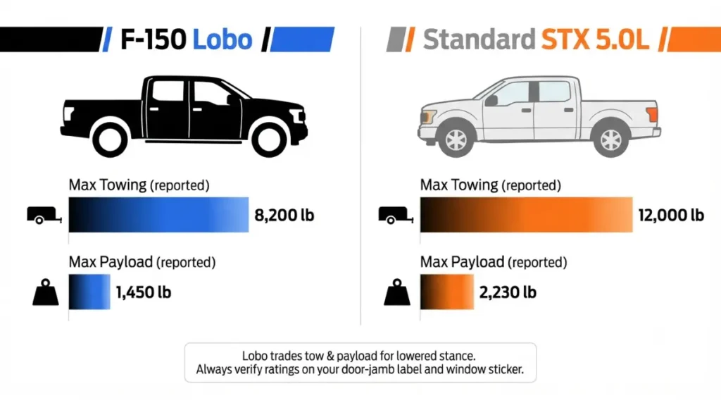 Vector infographic comparing F-150 Lobo Package and standard STX V8 towing and payload capacity