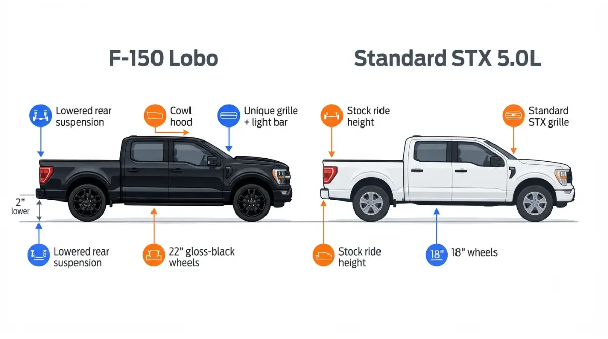 Vector illustration comparing Ford F-150 Lobo Package and standard STX showing lowered rear, 22-inch wheels, and key differences