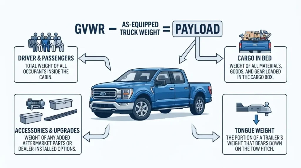 F-150 Payload calculation showing GVWR, truck weight, passengers, cargo, accessories and trailer tongue load