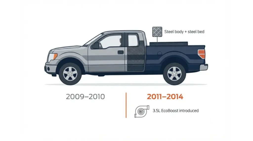 12th-generation F-150 Generations illustration showing the steel body and 2011 powertrain change