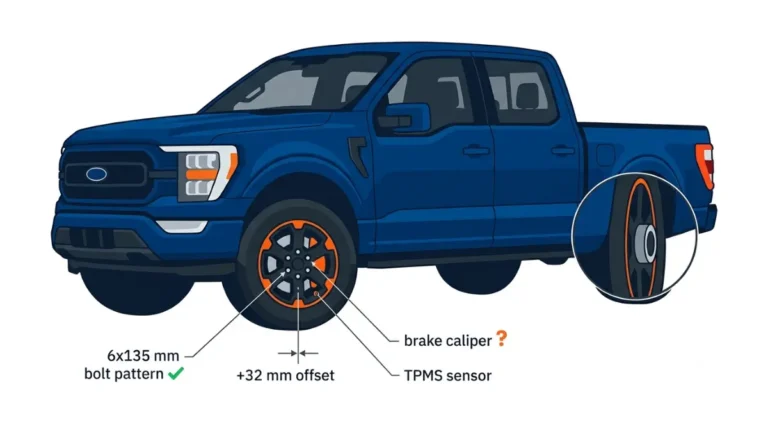 17x8.5 Raptor wheel fitment checks for a Ford F-150, including bolt pattern, offset, brake clearance and TPMS sensor