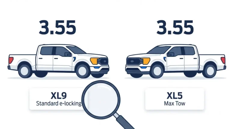 F-150 axle code comparison showing 3.55 XL9 and XL5 Max Tow options