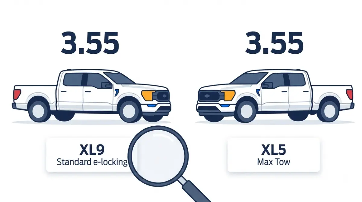 F-150 axle code comparison showing 3.55 XL9 and XL5 Max Tow options