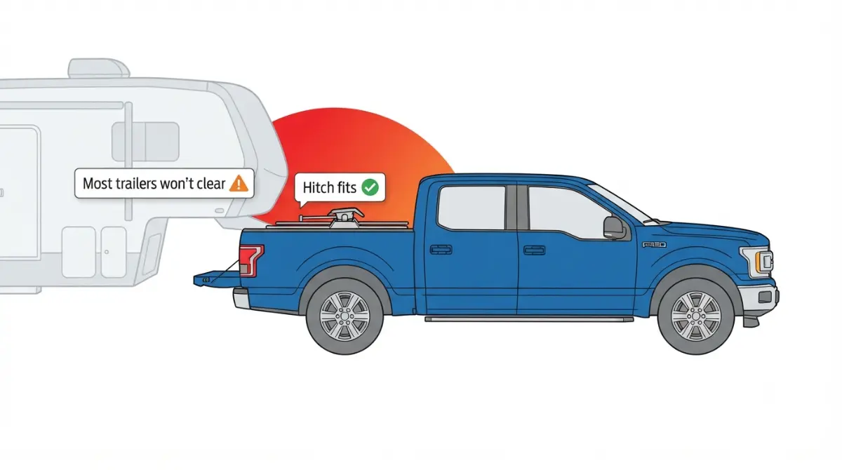 Vector diagram of a 5.5-ft bed F-150 with a fifth wheel hitch showing how most fifth wheel trailers may contact the cab in tight turns