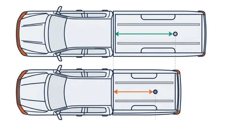 Fifth wheel hitch room on F-150 SuperCrew 5.5-ft and 6.5-ft boxes, showing 11.8 in less space between hitch and cab