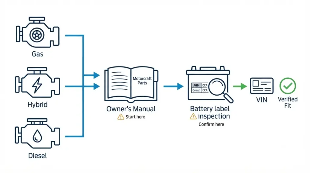 F-150 Battery Size flowchart showing gas, hybrid and diesel engines leading to a manual parts page, battery label check and VIN confirmation