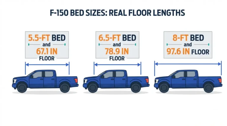F-150 Bed Dimensions comparison showing 5.5-foot, 6.5-foot, and 8-foot beds with 67.1, 78.9, and 97.6 inch floor lengths.