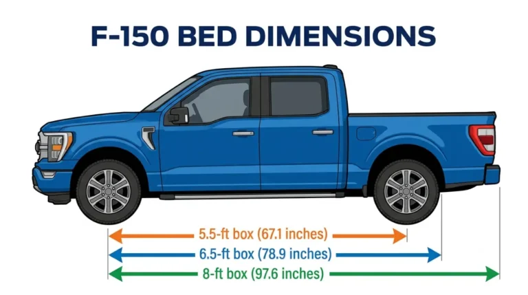 Bed Dimensions comparison showing Ford F-150 5.5-ft, 6.5-ft and 8-ft boxes with floor length measurements