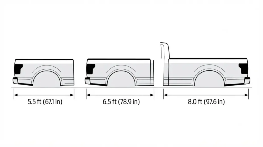 Vector diagram of Ford F-150 bed lengths 67.1 78.9 97.6 inches for Tonneau Cover sizing