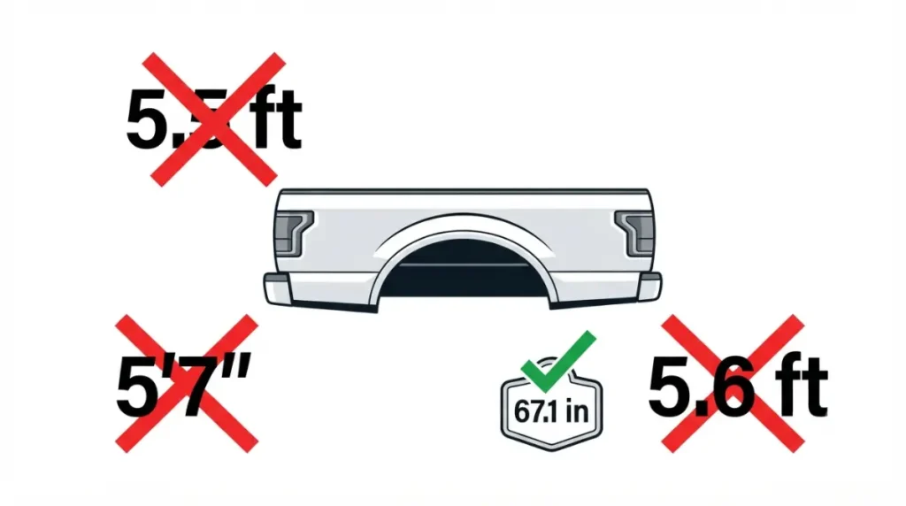 Vector illustration showing 5.5 ft 5'7" and 5.6 ft labels for same F-150 bed with Tonneau Cover sizing