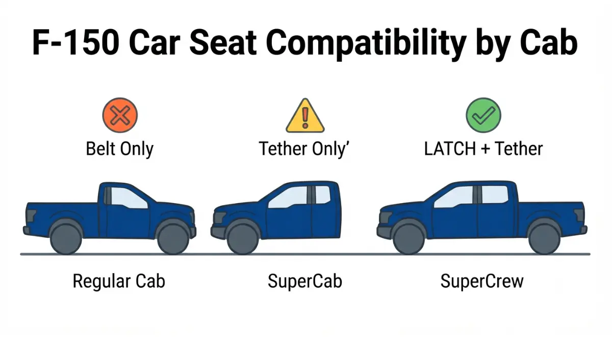 “Vector diagram showing which Ford F-150 cabs support Car Seat installation with LATCH, tether only, or belt only — SuperCrew, SuperCab, Regular Cab”