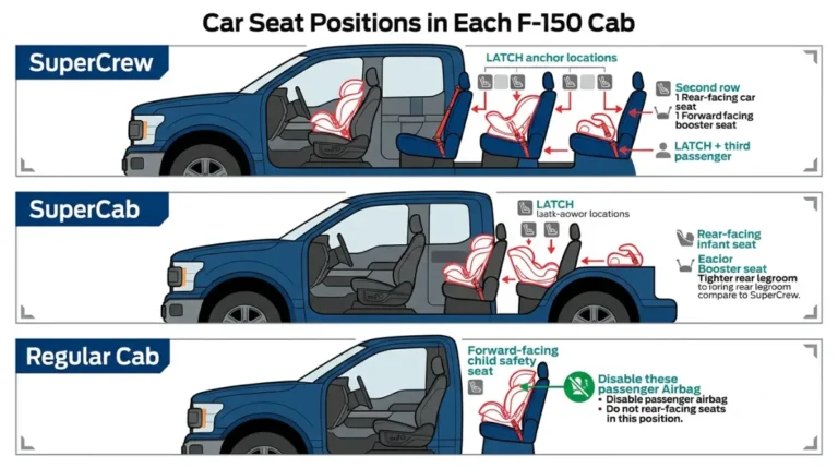 Car Seat positions in the F-150 SuperCrew, SuperCab, and Regular Cab showing anchor differences