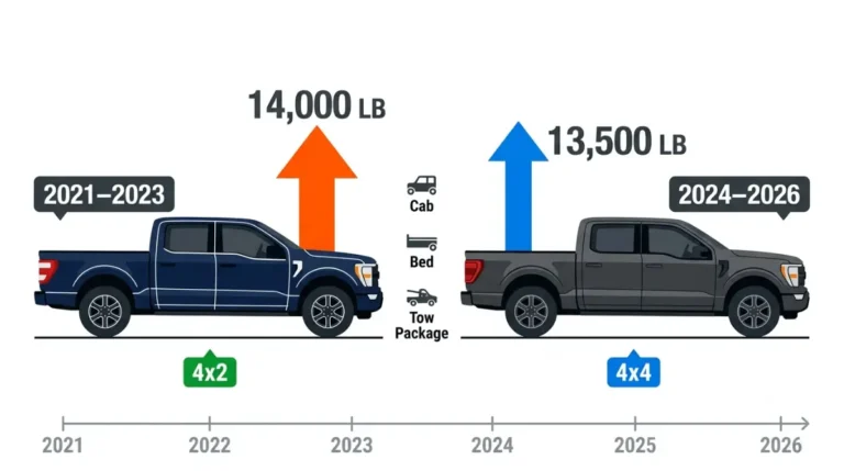 Ford F-150 3.5L EcoBoost towing comparison showing 2021–2023 4x2 trucks at 14,000 lb and 2024–2026 4x4 trucks at 13,500 lb
