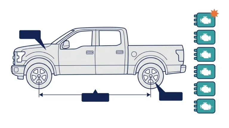 Pickup diagram of the three things that set 2027 F-150 Engine choice: trim and group code, wheelbase, and 4x2 or 4x4