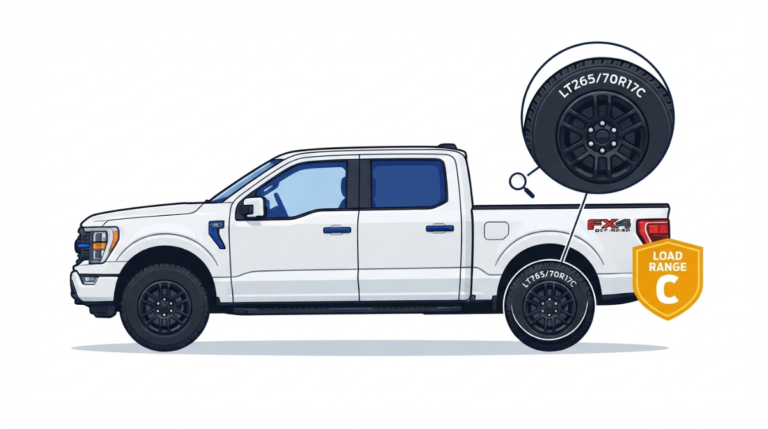 Ford F-150 FX4 with LT265/70R17C tire size diagram showing Load Range C