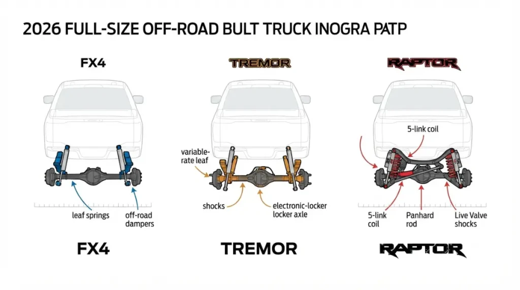 FX4 leaf springs, Tremor variable-rate leaf springs, and Raptor five-link coil suspension