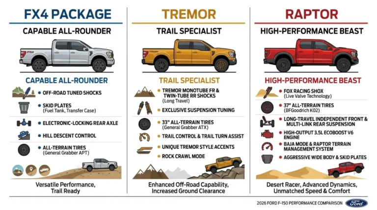 2026 Ford F-150 Tremor compared with FX4 package and Raptor in a clean automotive vector illustration Copy alt text