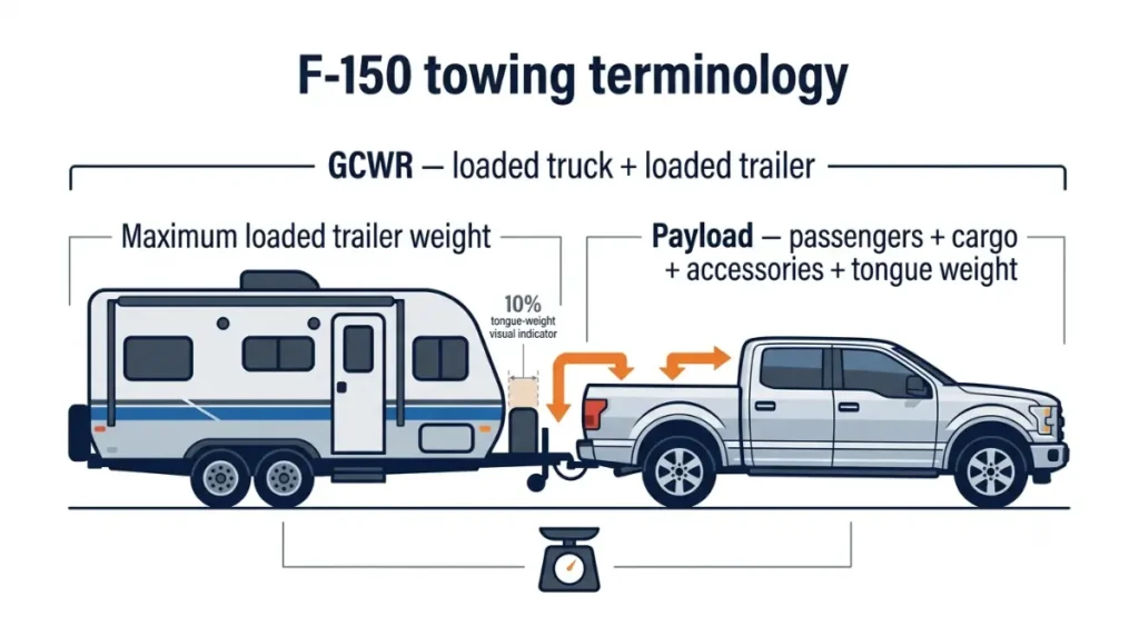 F-150 towing diagram comparing GCWR, maximum loaded trailer weight, payload, and tongue weight