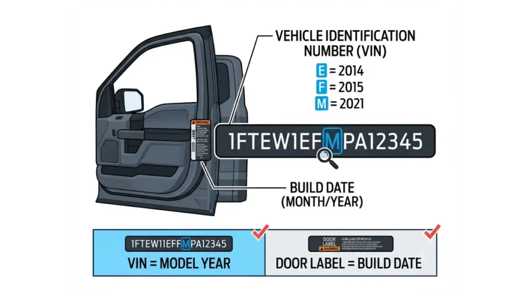 F-150 Generations identification guide showing the VIN 10th character and door-jamb label