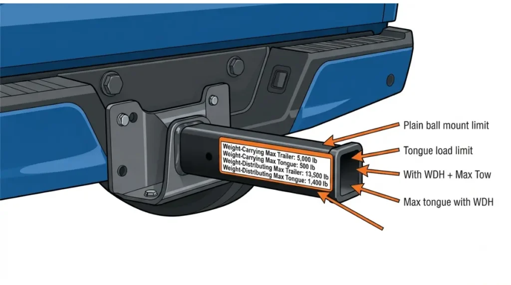 “Ford F-150 hitch receiver label showing weight distribution and weight-carrying ratings”