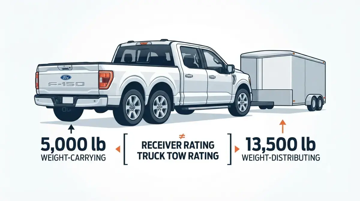 F150 hitch receiver rating showing 5,000 lb weight-carrying and 13,500 lb weight-distributing capacities