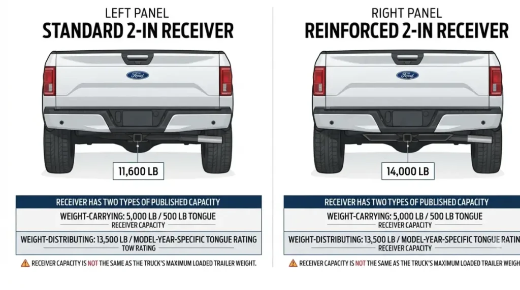 F150 hitch showing standard 2-inch and reinforced 2-inch receiver ratings